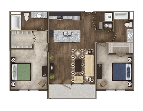 2 bed 2 bath floor plan at Imperial Lofts, Sugar Land, TX
